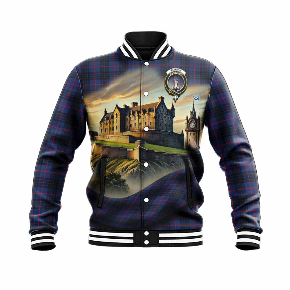 Morgan Tartan Family Crest Baseball Jacket with Scottish Ancient Castle Style Unisex - Tartan Vibes Clothing