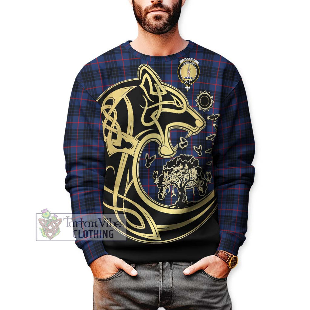 Morgan Tartan Sweatshirt with Family Crest Celtic Wolf Style Unisex - Tartan Vibes Clothing