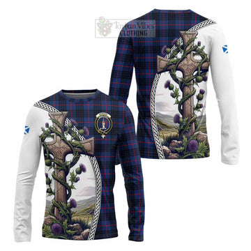 Morgan Tartan Long Sleeve T-Shirt with Family Crest and St. Andrew's Cross Accented by Thistle Vines Unisex - Tartan Vibes Clothing