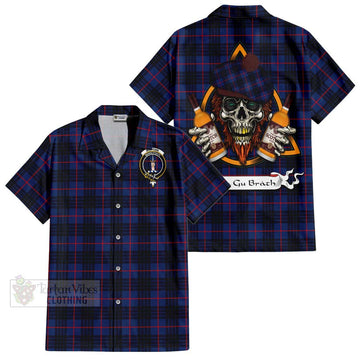 Morgan Tartan Hawaiian Shirt with Family Crest and Bearded Skull Holding Bottles of Whiskey Kid - Tartan Vibes Clothing