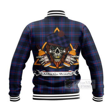 Morgan Tartan Baseball Jacket with Family Crest and Bearded Skull Holding Bottles of Whiskey - Tartan Vibes Clothing