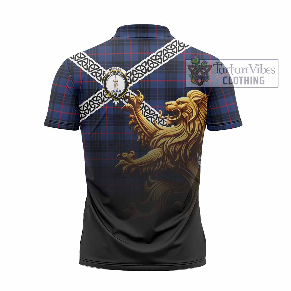 Morgan Crest Tartan Zipper Polo Shirt with Golden Lion Emblem Celtic Style - Tartan Vibes Clothing