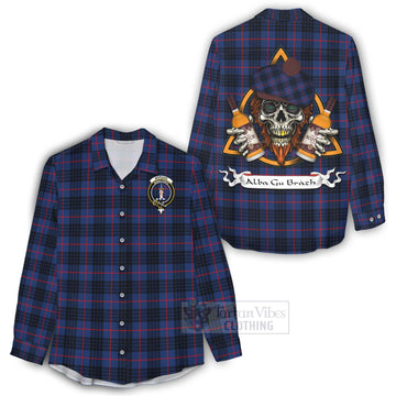 Morgan Tartan Women's Casual Shirt with Family Crest and Bearded Skull Holding Bottles of Whiskey - Tartan Vibes Clothing