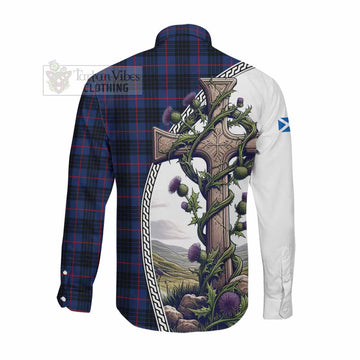 Morgan Tartan Long Sleeve Button Shirt with Family Crest and St. Andrew's Cross Accented by Thistle Vines Men's Shirt - Tartan Vibes Clothing
