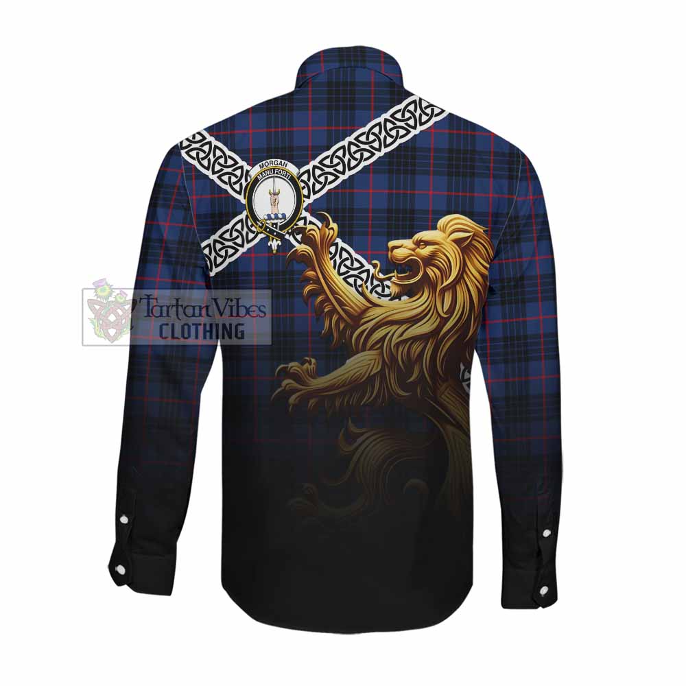 Morgan Crest Tartan Long Sleeve Button Shirt with Golden Lion Emblem Celtic Style Men's Shirt - Tartan Vibes Clothing