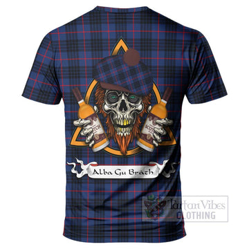 Morgan Tartan T-Shirt with Family Crest and Bearded Skull Holding Bottles of Whiskey - Tartan Vibes Clothing