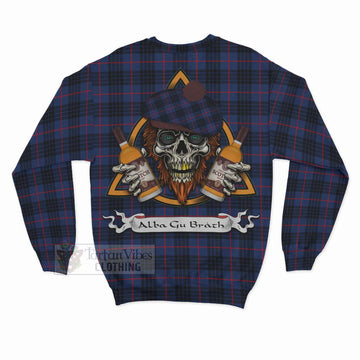 Morgan Tartan Sweatshirt with Family Crest and Bearded Skull Holding Bottles of Whiskey - Tartan Vibes Clothing