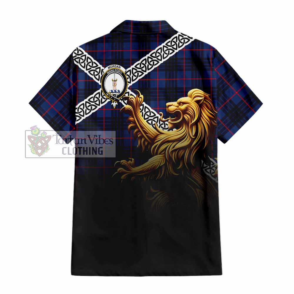 Morgan Crest Tartan Hawaiian Shirt with Golden Lion Emblem Celtic Style - Tartan Vibes Clothing