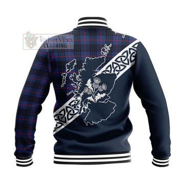 Morgan Tartan Baseball Jacket Featuring Thistle and Scotland Map - Tartan Vibes Clothing