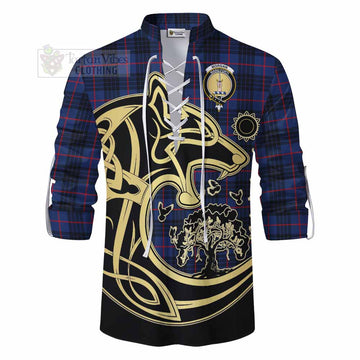 Morgan Tartan Ghillie Kilt Shirt with Family Crest Celtic Wolf Style - Tartan Vibes Clothing