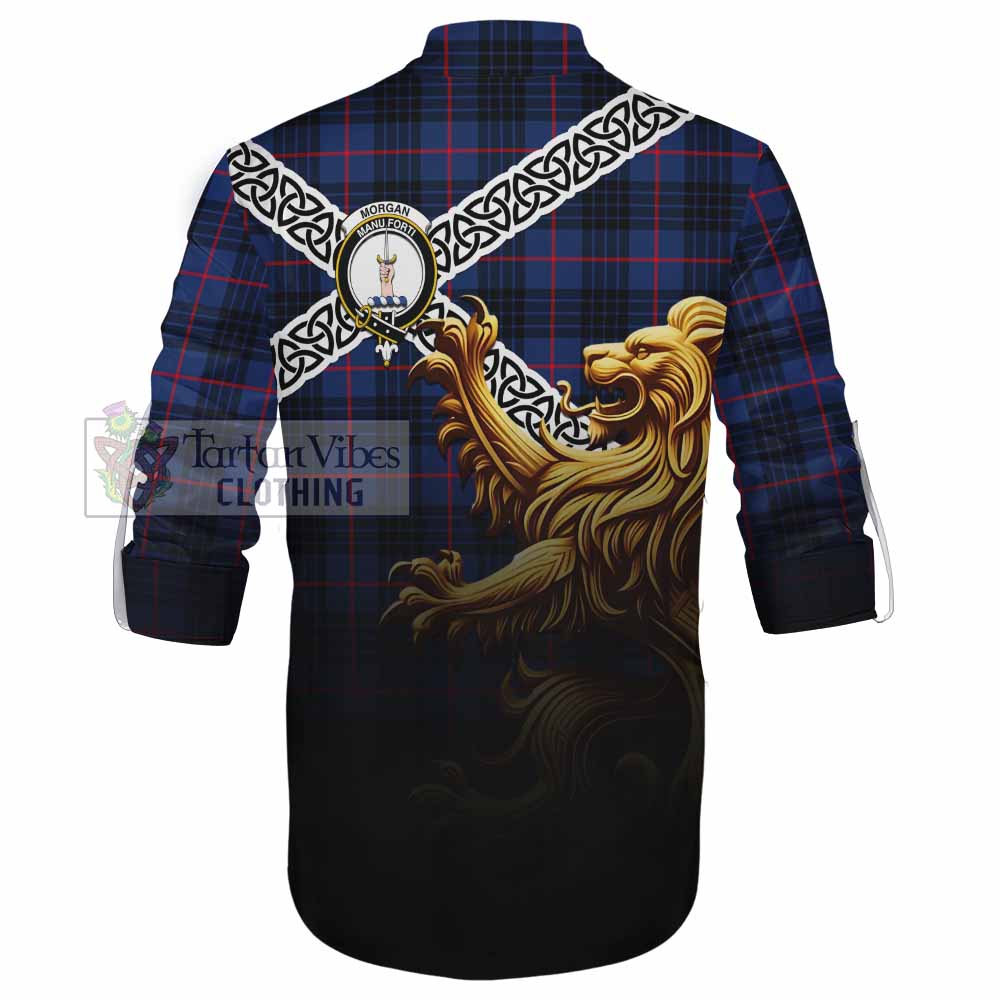 Morgan Crest Tartan Ghillie Kilt Shirt with Golden Lion Emblem Celtic Style - Tartan Vibes Clothing