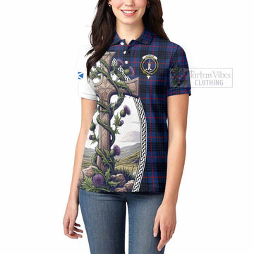 Morgan Tartan Women's Polo Shirt with Family Crest and St. Andrew's Cross Accented by Thistle Vines - Tartan Vibes Clothing
