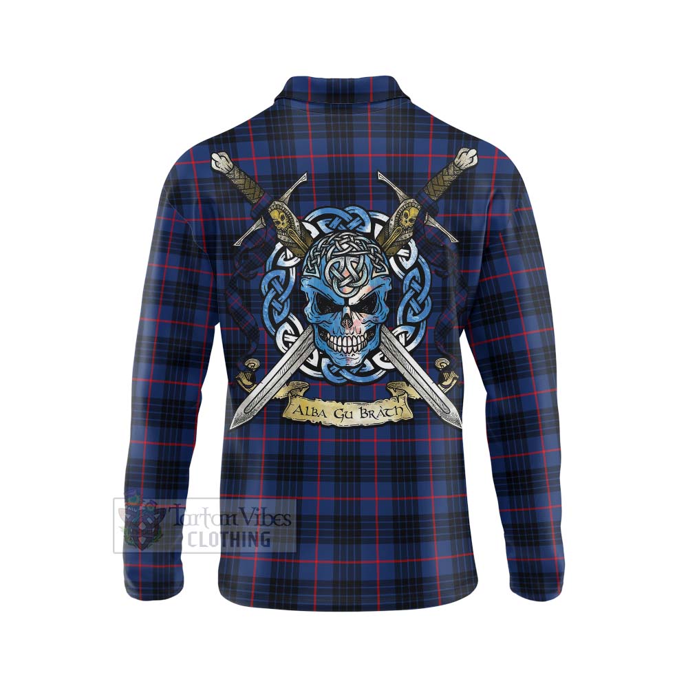 Morgan Tartan Long Sleeve Polo Shirt with Family Crest Celtic Skull Style - Tartan Vibes Clothing