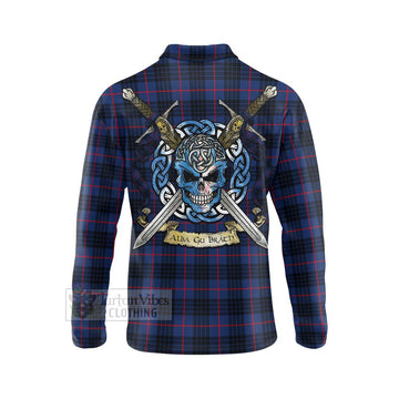 Morgan Tartan Long Sleeve Polo Shirt with Family Crest Celtic Skull Style - Tartan Vibes Clothing