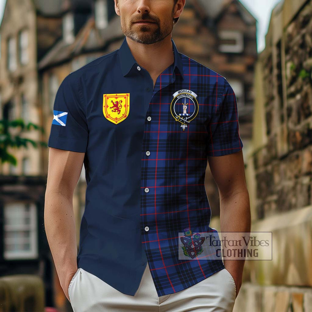 Morgan Tartan Hawaiian Shirt Alba with Scottish Lion Royal Arm Half Style - Tartan Vibes Clothing