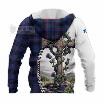 Morgan Tartan Knitted Hoodie with Family Crest and St. Andrew's Cross Accented by Thistle Vines - Tartan Vibes Clothing