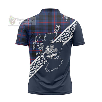 Morgan Tartan Zipper Polo Shirt Featuring Thistle and Scotland Map - Tartanvibesclothing Store
