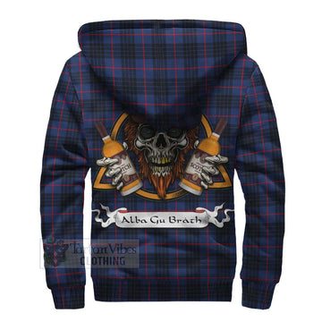 Morgan Tartan Sherpa Hoodie with Family Crest and Bearded Skull Holding Bottles of Whiskey - Tartan Vibes Clothing