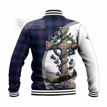 Morgan Tartan Baseball Jacket with Family Crest and St. Andrew's Cross Accented by Thistle Vines - Tartan Vibes Clothing