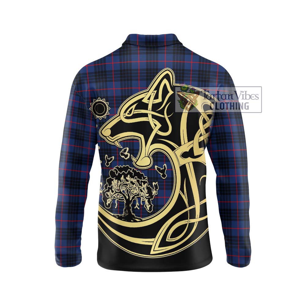 Morgan Tartan Long Sleeve Polo Shirt with Family Crest Celtic Wolf Style - Tartanvibesclothing Shop