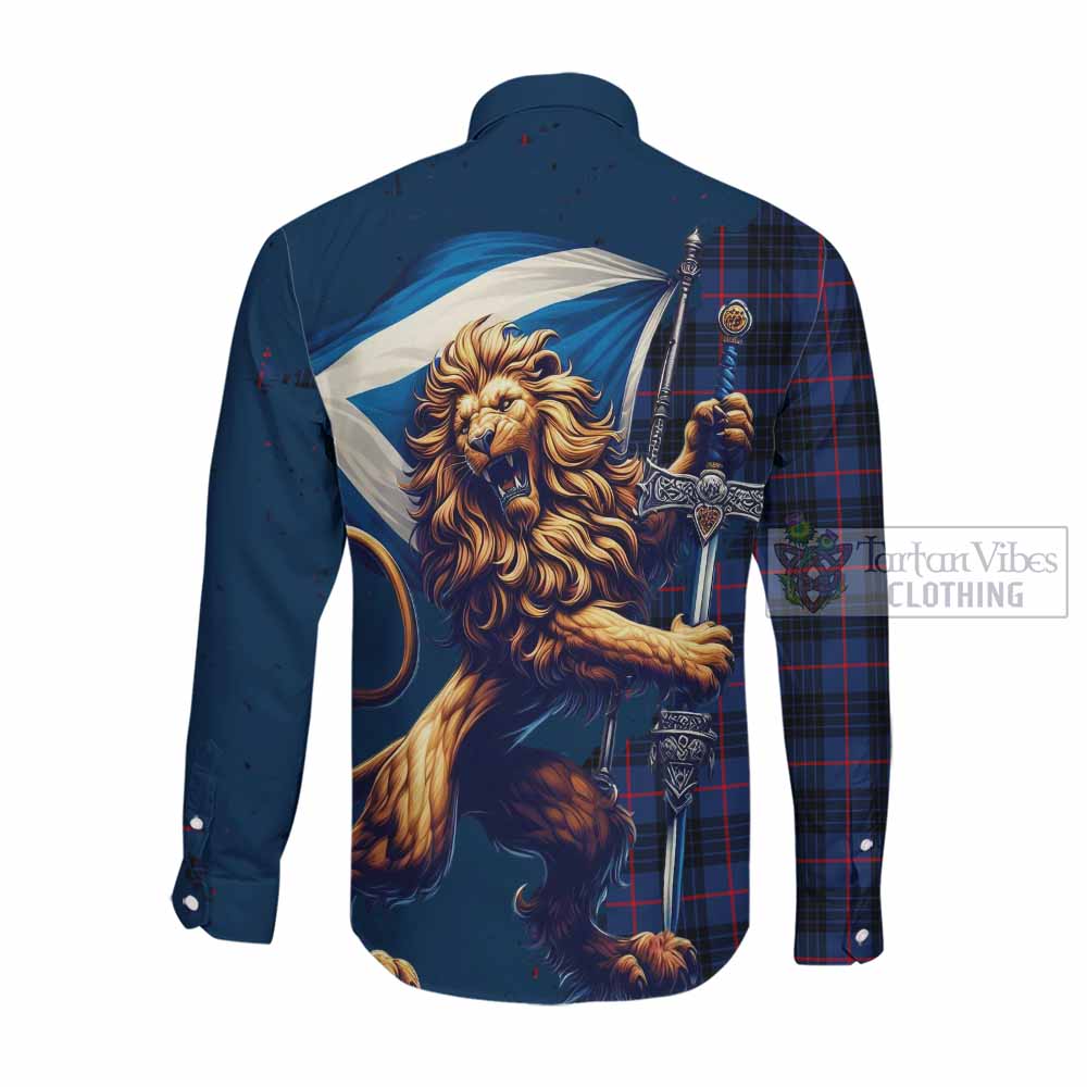 Morgan Tartan Family Crest Long Sleeve Button Shirt with Scottish Majestic Lion Men's Shirt - Tartan Vibes Clothing