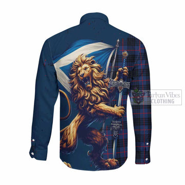 Morgan Tartan Family Crest Long Sleeve Button Shirt with Scottish Majestic Lion Men's Shirt - Tartan Vibes Clothing