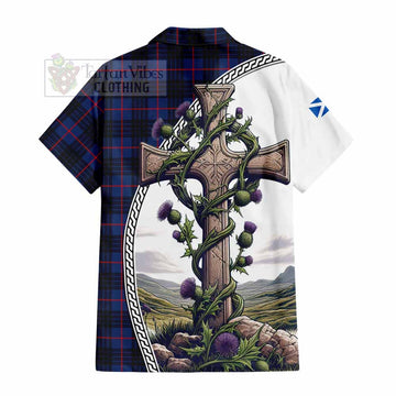 Morgan Tartan Hawaiian Shirt with Family Crest and St. Andrew's Cross Accented by Thistle Vines - Tartan Vibes Clothing