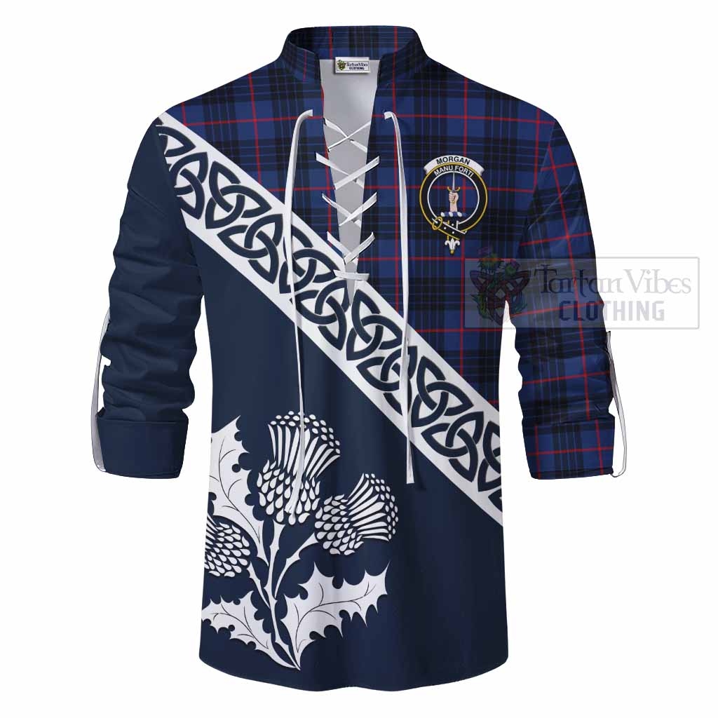 Morgan Tartan Ghillie Kilt Shirt Featuring Thistle and Scotland Map - Tartan Vibes Clothing