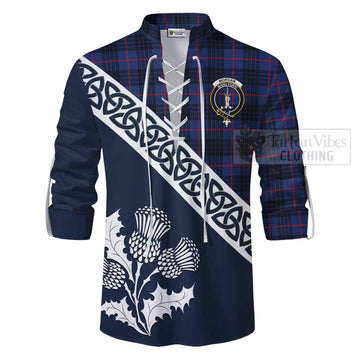Morgan Tartan Ghillie Kilt Shirt Featuring Thistle and Scotland Map - Tartan Vibes Clothing