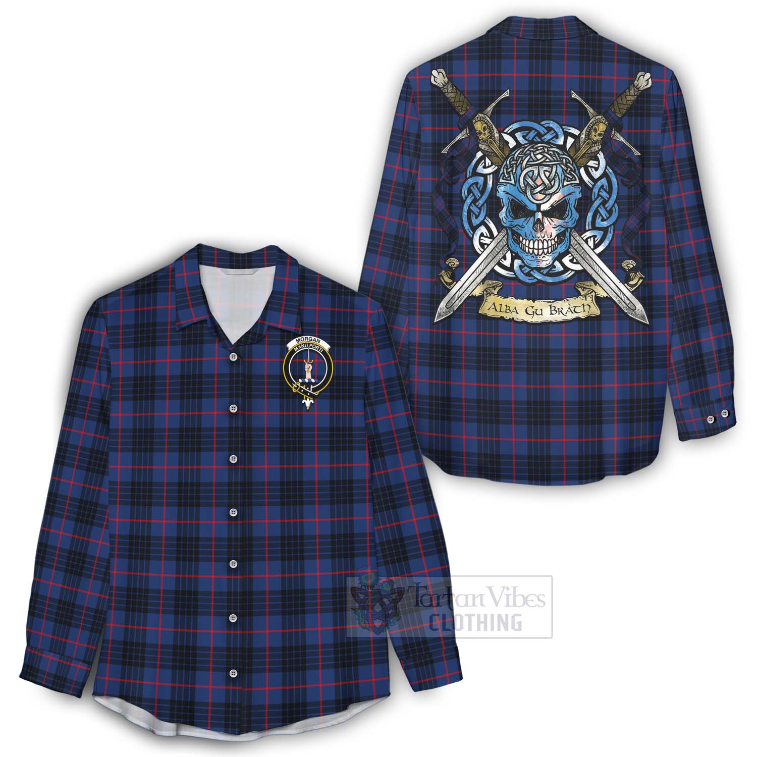 Morgan Tartan Women's Casual Shirt with Family Crest Celtic Skull Style - Tartan Vibes Clothing