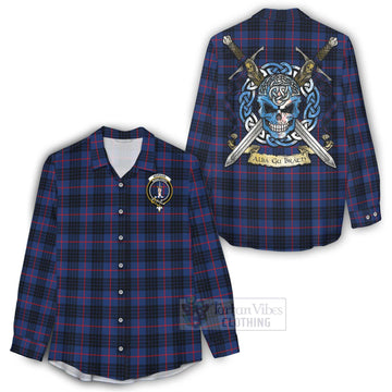Morgan Tartan Women's Casual Shirt with Family Crest Celtic Skull Style - Tartan Vibes Clothing