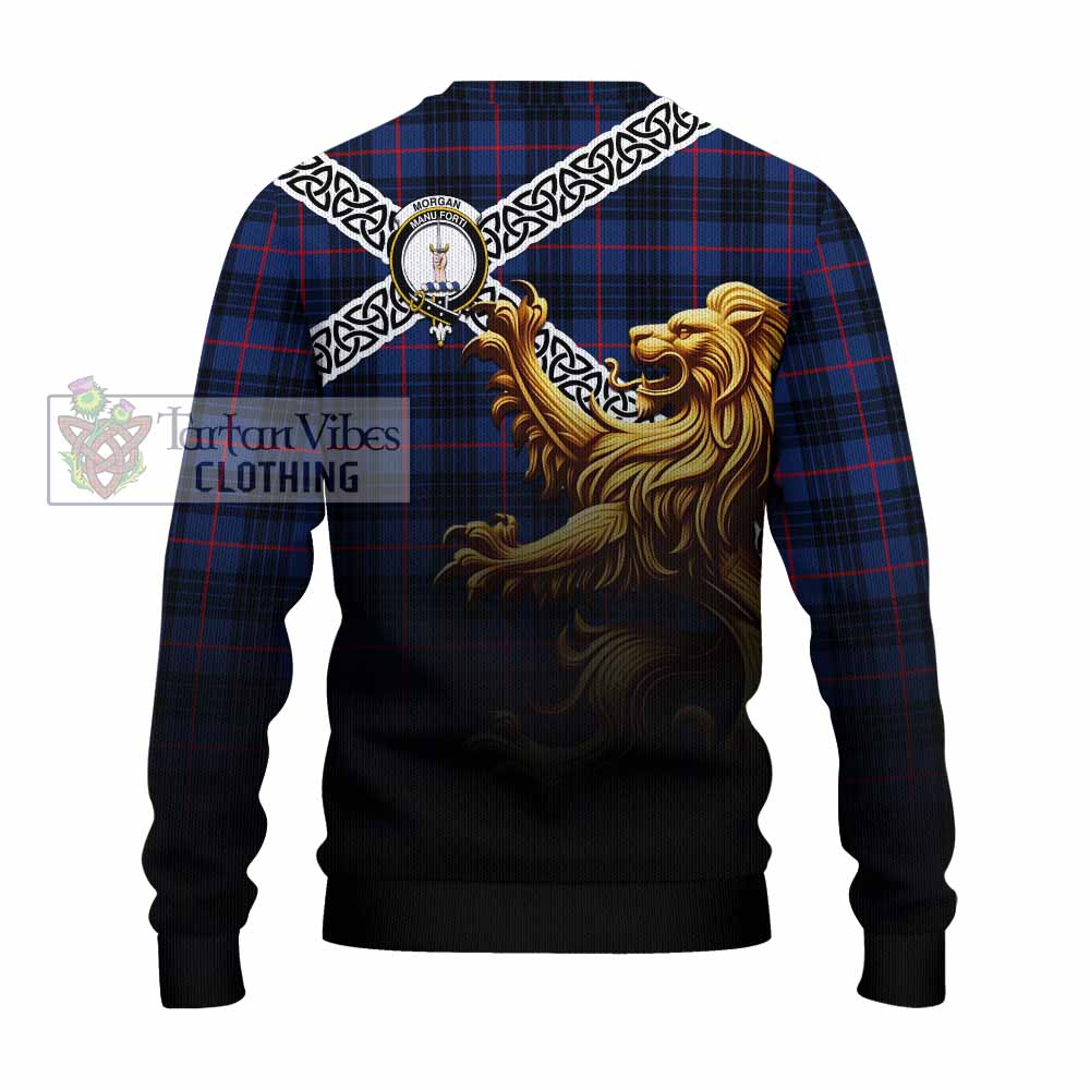 Morgan Crest Tartan Knitted Sweater with Golden Lion Emblem Celtic Style - Tartan Vibes Clothing