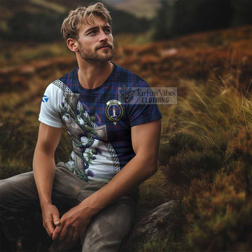Morgan Tartan T-Shirt with Family Crest and St. Andrew's Cross Accented by Thistle Vines - Tartan Vibes Clothing