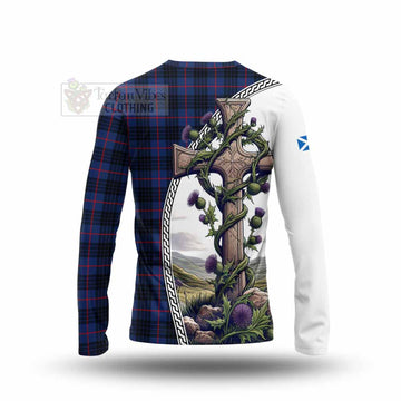 Morgan Tartan Long Sleeve T-Shirt with Family Crest and St. Andrew's Cross Accented by Thistle Vines - Tartan Vibes Clothing