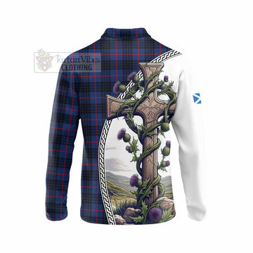 Morgan Tartan Long Sleeve Polo Shirt with Family Crest and St. Andrew's Cross Accented by Thistle Vines - Tartan Vibes Clothing