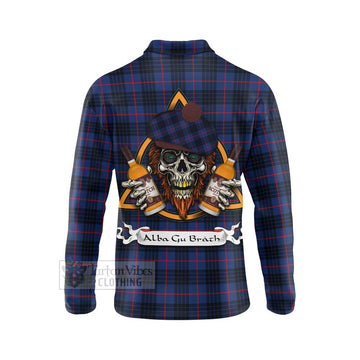 Morgan Tartan Long Sleeve Polo Shirt with Family Crest and Bearded Skull Holding Bottles of Whiskey - Tartan Vibes Clothing