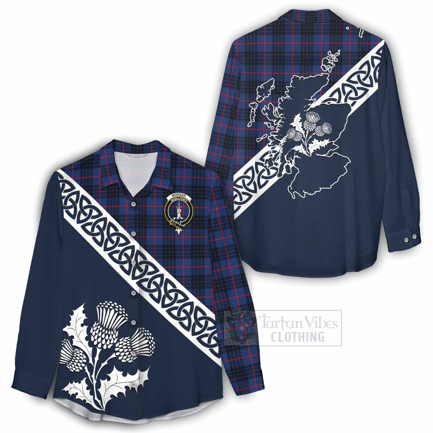 Morgan Tartan Women's Casual Shirt Featuring Thistle and Scotland Map - Tartan Vibes Clothing