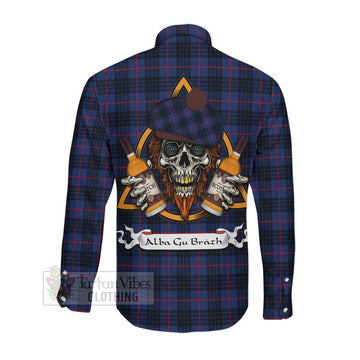Morgan Tartan Long Sleeve Button Shirt with Family Crest and Bearded Skull Holding Bottles of Whiskey Men's Shirt - Tartan Vibes Clothing