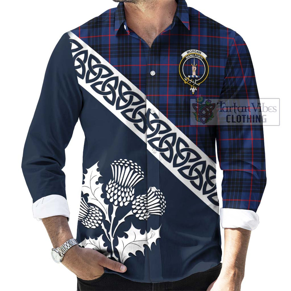 Morgan Tartan Long Sleeve Button Shirt Featuring Thistle and Scotland Map Men's Shirt - Tartan Vibes Clothing