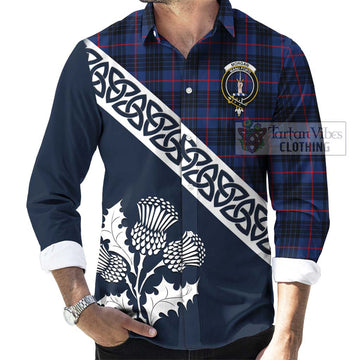 Morgan Tartan Long Sleeve Button Shirt Featuring Thistle and Scotland Map Men's Shirt - Tartan Vibes Clothing