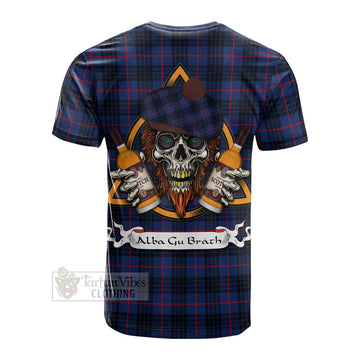 Morgan Tartan Cotton T-shirt with Family Crest and Bearded Skull Holding Bottles of Whiskey - Tartan Vibes Clothing