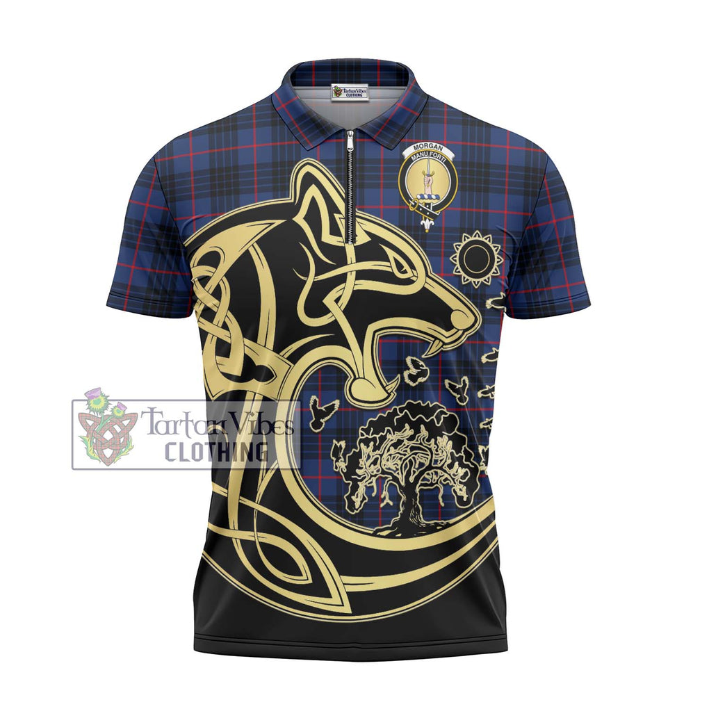 Morgan Tartan Zipper Polo Shirt with Family Crest Celtic Wolf Style - Tartan Vibes Clothing