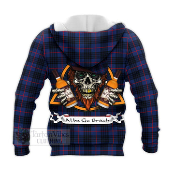 Morgan Tartan Knitted Hoodie with Family Crest and Bearded Skull Holding Bottles of Whiskey - Tartan Vibes Clothing