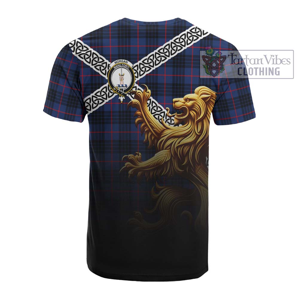 Morgan Crest Tartan Cotton T-shirt with Golden Lion Emblem Celtic Style - Tartan Vibes Clothing
