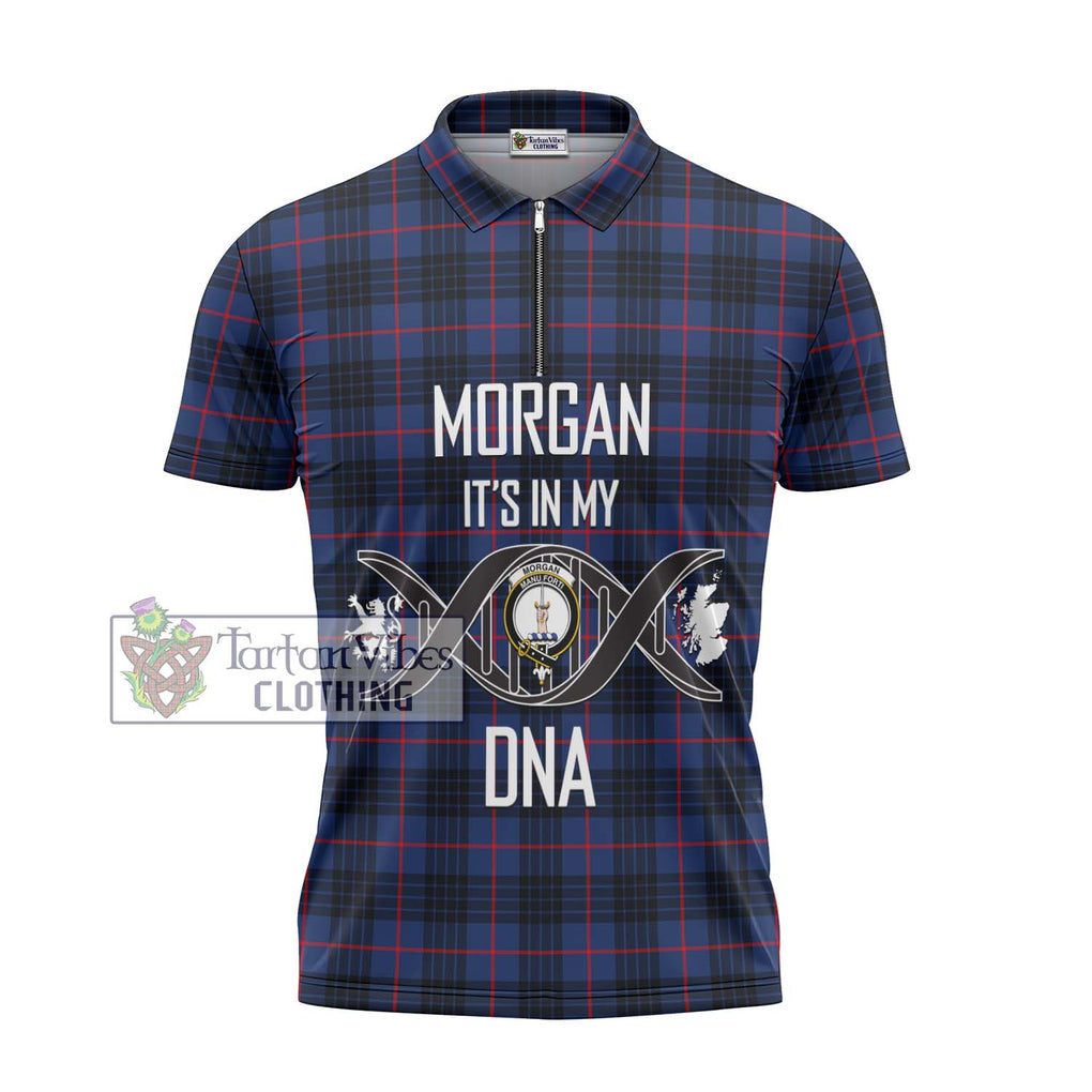 Morgan Tartan Zipper Polo Shirt with Family Crest DNA In Me Style - Tartanvibesclothing Shop