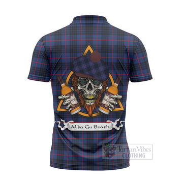 Morgan Tartan Zipper Polo Shirt with Family Crest and Bearded Skull Holding Bottles of Whiskey - Tartan Vibes Clothing