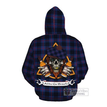 Morgan Tartan Cotton Hoodie with Family Crest and Bearded Skull Holding Bottles of Whiskey Pullover Hoodie - Tartan Vibes Clothing
