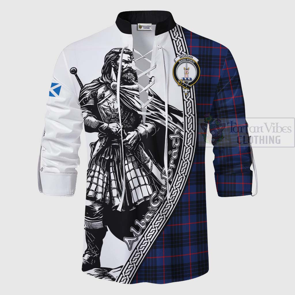 Morgan Tartan Clan Crest Ghillie Kilt Shirt with Highlander Warrior Celtic Style - Tartan Vibes Clothing