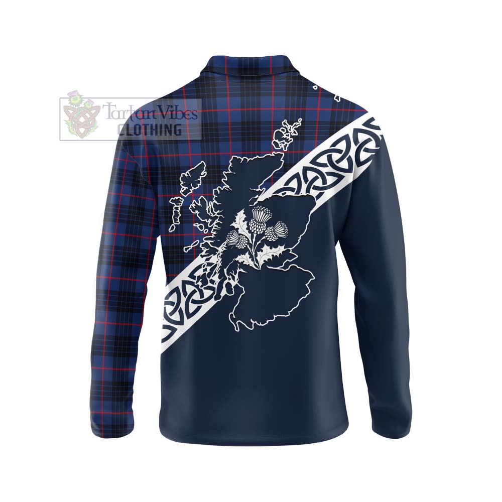 Morgan Tartan Long Sleeve Polo Shirt Featuring Thistle and Scotland Map - Tartan Vibes Clothing