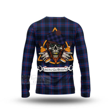 Morgan Tartan Long Sleeve T-Shirt with Family Crest and Bearded Skull Holding Bottles of Whiskey - Tartan Vibes Clothing